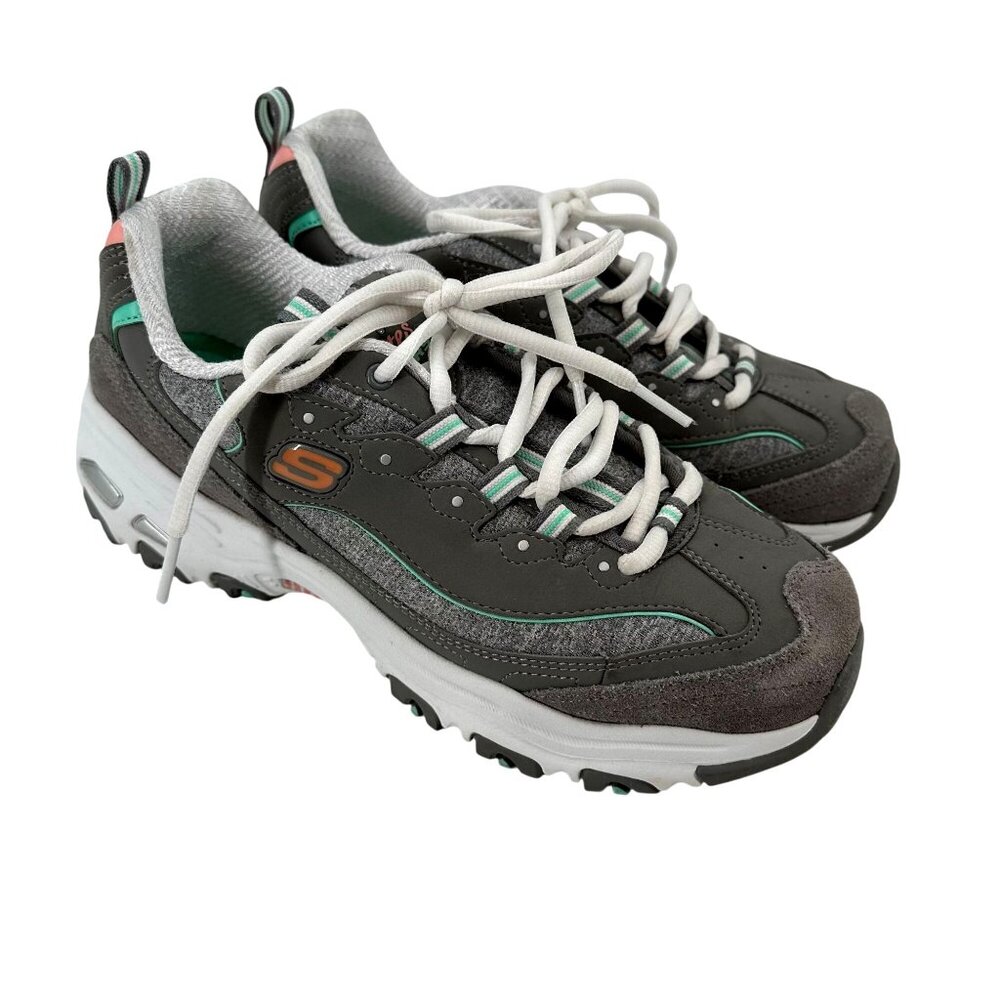 Skechers DLites Womens Memory Foam Sneakers Gray & White Leather Size 8